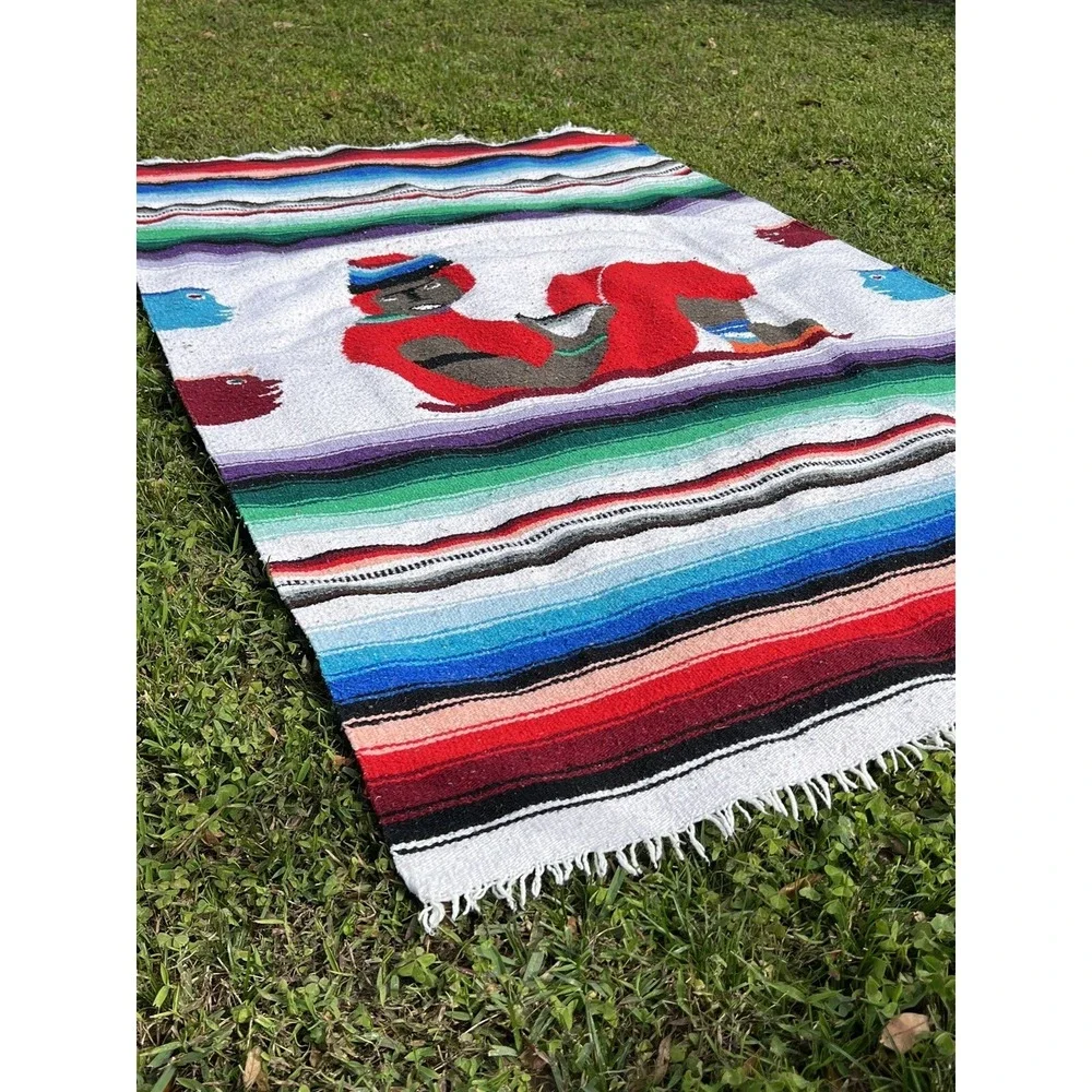 Vintage Wool Multicolor‎ Aztec Striped Throw Blanket 77